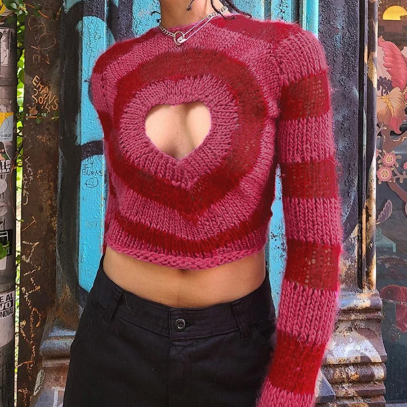 christmas sweaters Y2K Radiant Heart Sweaters Cute Sweet Hollow Out Knitwear Jumpers O Neck Striped Aesthetic Streetwear Pullovers Korean 90s black cardigan