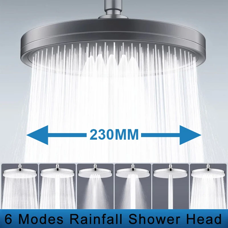 

6 Modes Large Flow Rainfall Shower Head High Pressure Ceiling Mounted Showerhead Silver Black Top Shower Bathroom Accessories