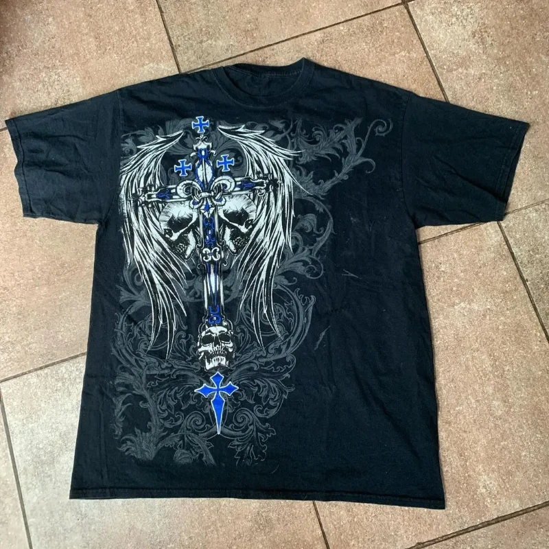 

Рубашка Y2K мужская с принтом меча из чистого хлопка, уличная одежда в американском стиле ретро, большая городская модная футболка с круглым вырезом для мужчин и женщин