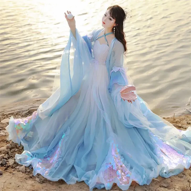 

Женское платье Hanfu большого размера, старинное китайское платье ханьфу, женский костюм для сказочного косплея, сценическое танцевальное платье, летнее платье ханьфу, синее градиентное платье