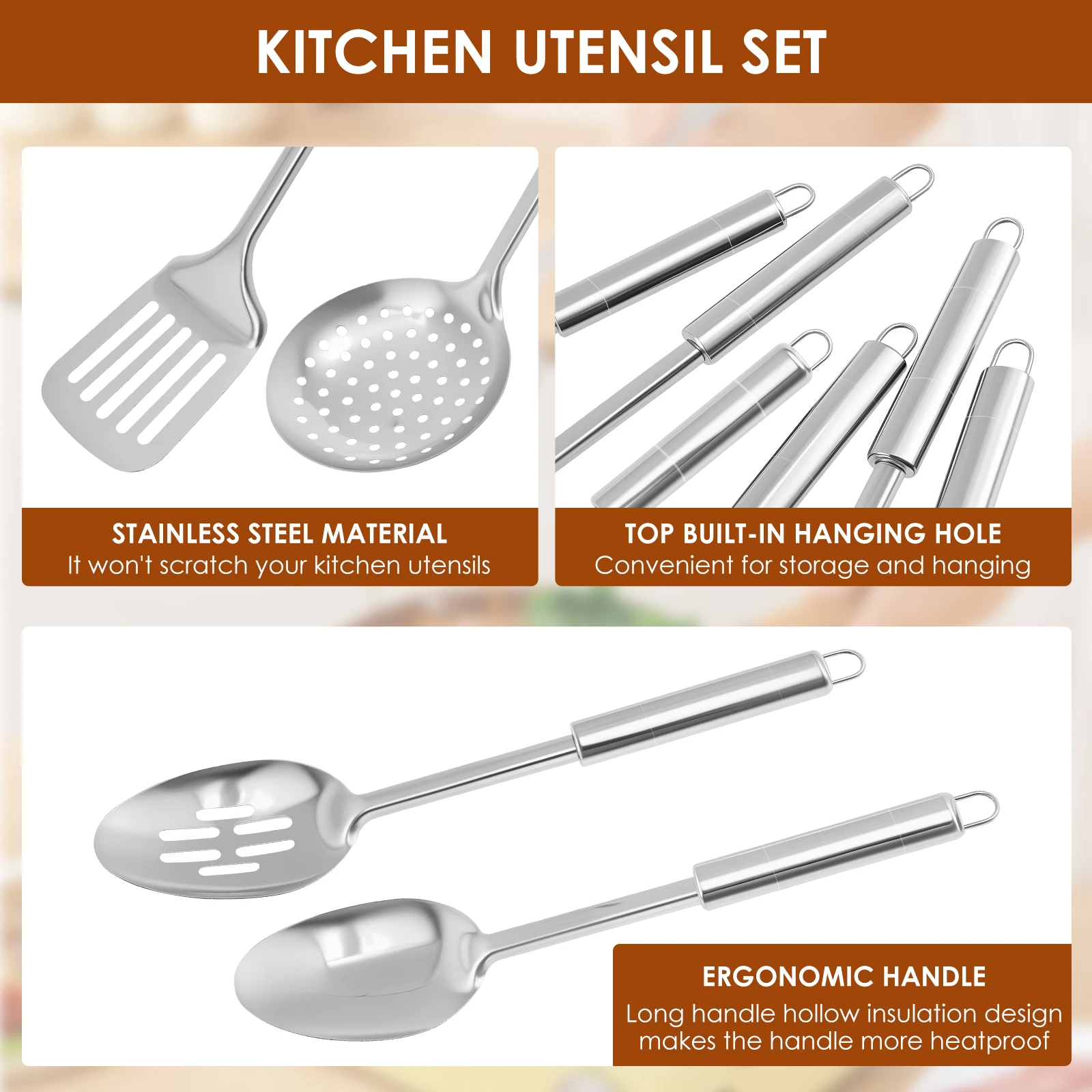 6Pcs Cooking Utensils Set Stainless Steel Kitchen Utensil Set Heat Resistant Wok Utensils Versatile Kitchen Cooking