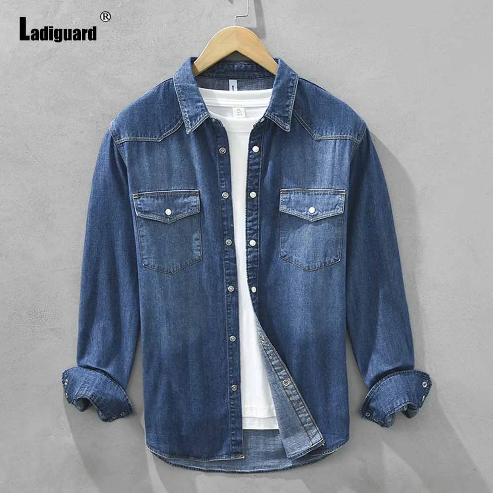 

Ladiguard 2024 Stylish simplicity Demin Shirt Vintage Pocket Tops Mens Patchwork Jean Clothes Mens Long Sleeves Demin Blouse