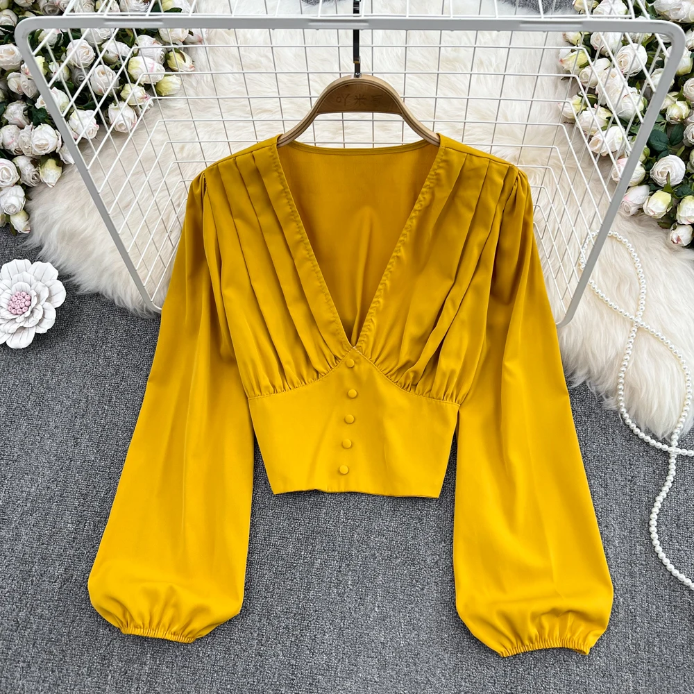 

Loose V-neck Shirt Women's Retro Lantern Sleeves Slim Waist and Thin Long-sleeved Buttoned Short Shirt