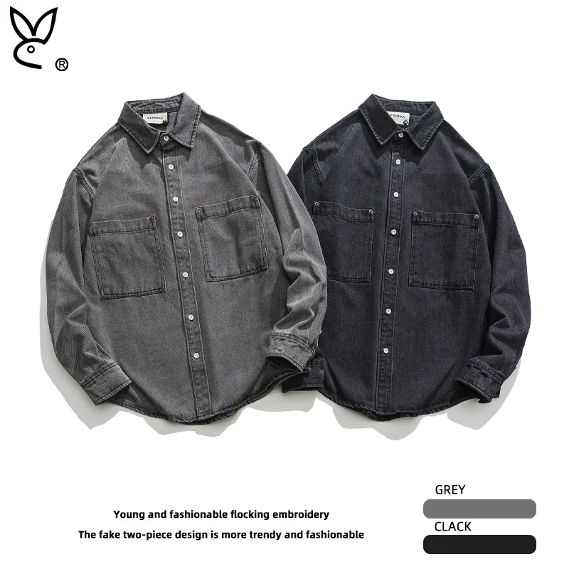 

2023 New Denim Cotton Men's Shirt Long Sleeve Black Blue Drop Shoulder Button Pockets Cowboy Loose Casual Work Jeans Shirts