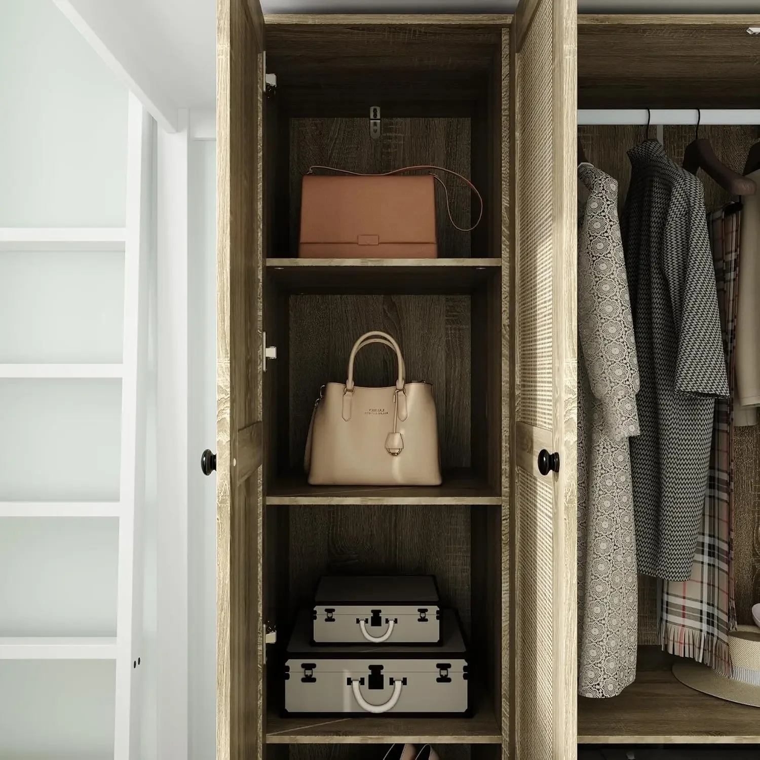 NEW-Ratten Wardrobe Armoire Closet,3 Door Rattan Closet Wardrobe Cabinet with 3 Drawers&Hanging Rod,Storage Wardrobe Armoire Dre