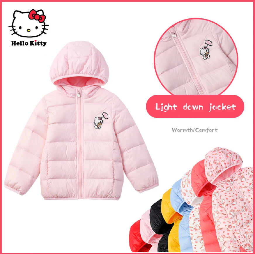 

Подлинный пуховик Hello Kitty для девочек с капюшоном короткая куртка на белом утином пуху зимняя теплая легкая куртка для девочек подарок