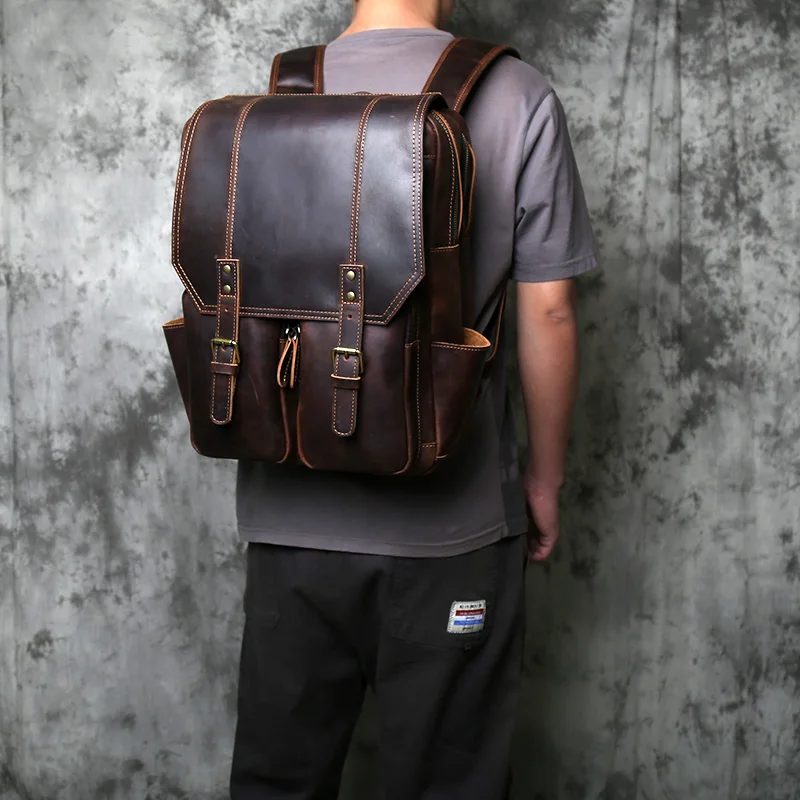 NZPJ Vintage Genuine Leather Men's Backpack Crazy Horse Leather Backpack Natural Cowhide Travel Bag Leisure Computer Bag