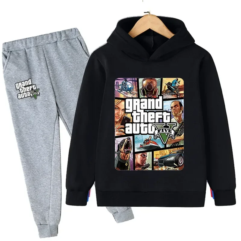 thumbnail image 1 of Conjunto de 2 piezas de sudaderas con capucha y pantalones largos de dibujos animados para niños, juego de Gta 5, ropa para niños de 4 a 14 años, chándal de otoño, 1 of 5