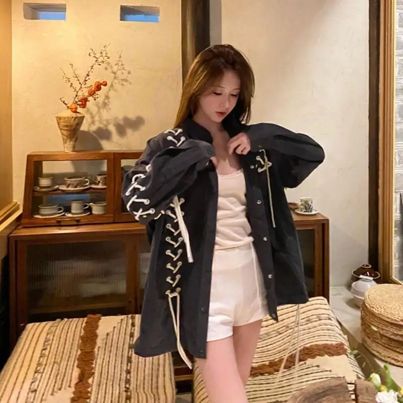 High Quality Eyelet Lace-Up String Collared Button Up Long Sleeve Shirt Punk Kpop Rock Harajuku Streetwear Fall Blouse Goth