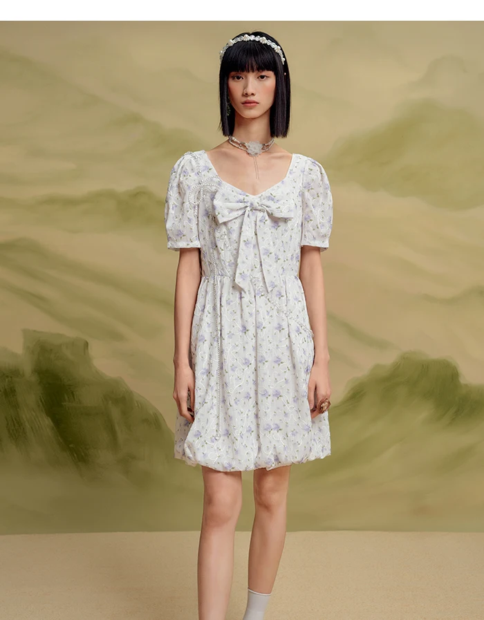 Dress Girl Bow Girl Feeling Summer New Love Fragmented Flower Bud Dress