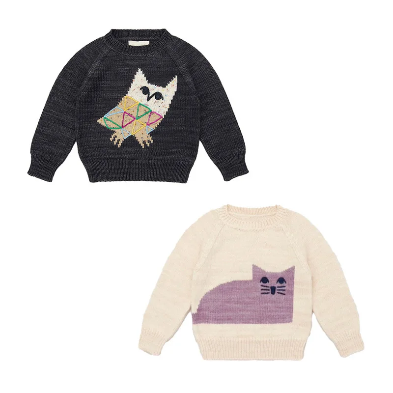 Girl Vintage Embroidered Sweater Winter Cartoon Owl Kids Clothes Children's Knitted Sweater Baby Boy Knitwear Pullover