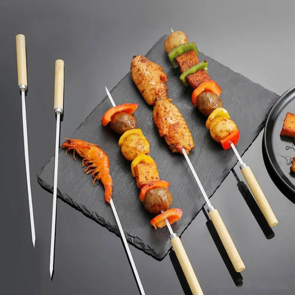 10pcs/set Wooden Handle Flat Barbecue Skewers Anti-scald Anti-slip Stainless Steel Barbecue Stick 35cm Reusable