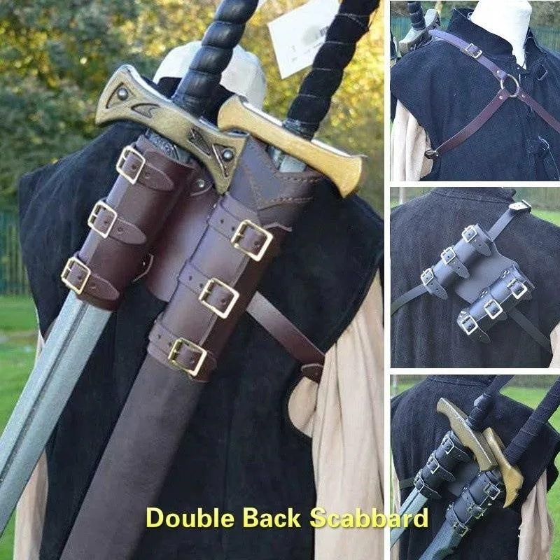

Medieval Knight Back Double Sword Scabbard Vintage Sheath Frog Holder PU Leather Shoulder Strap Weapon Costume Kit Props For Men