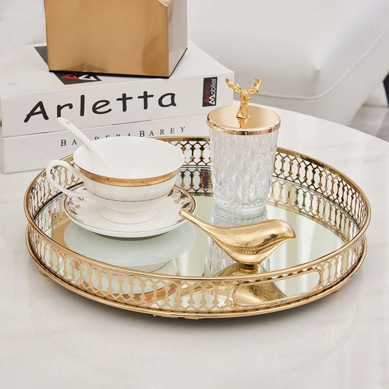 

Gold Trays Decorative Vintage Mirror Glass Storage Tray Rectangle/round Fruit Plate Desktop Small Items Jewelry Display Plate