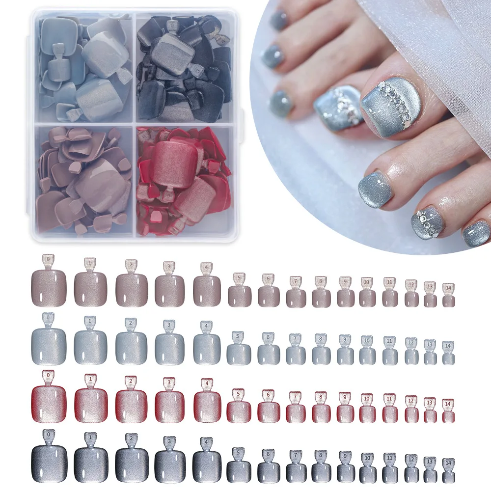 120pcs 4colors Cat Eye Square False Press on Toe Decorated Nail Tips in Box Artificial Fake Toe Nails Art Tips Manicure Tools