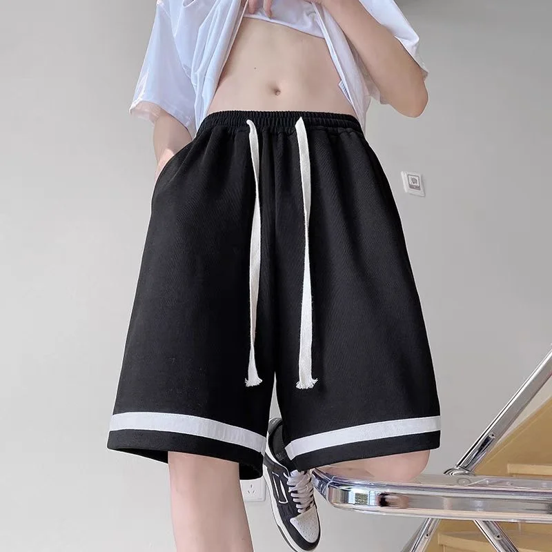 Summer New Trousers Men's Color Mid Waist Elastic Drawstring Pockets Preppy Style Casual Loose Sweatpants Knee Pants Pants