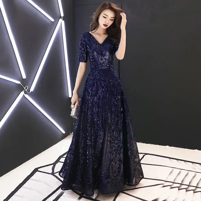 Evening Dresses Navy Blue Sequins Bling V-neck Half Sleeves Zipper Back A-line Floor Length Plus size Women Party Formal Gowns