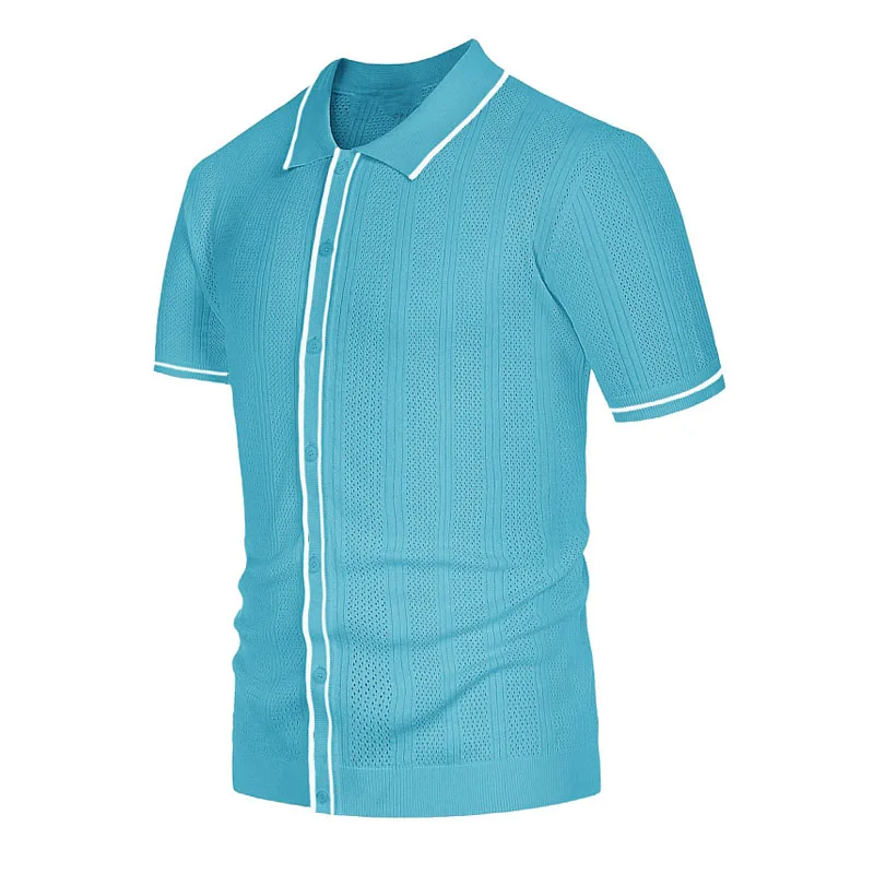 Summer Ice Silk Men Hollow Polo Shirt Breathable Soft Knit Shirt Top Men's Short-sleeved Tee Fashion Color Contrast Men's Shirt 4