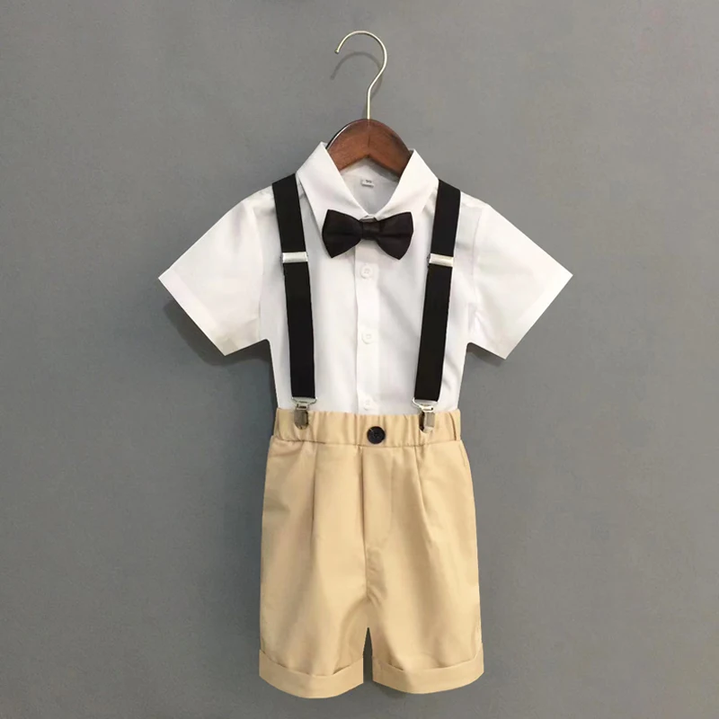 Summer Boys Strap Dress Suit Set New Children's Kindergarten Performance Piano Host Costume Kids Shirts Shorts Bowtie Clothing kids clothes