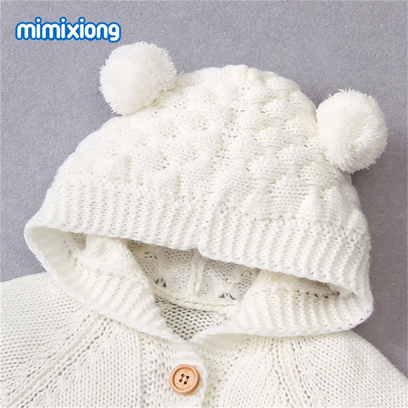 0-24months Newborn Winter Hooded Romper Long Sleeve Knitted Solid Color Jumpsuit For Infant Boys And Girls Knitted Long Playsuit 4