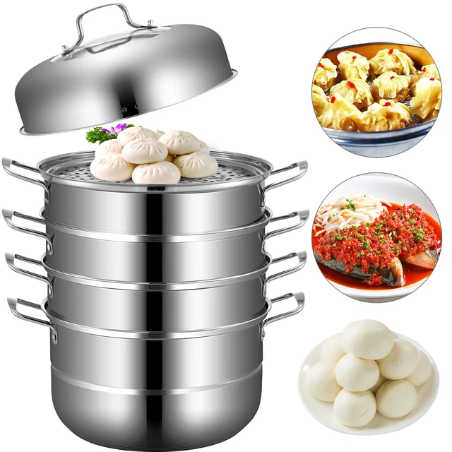 11 3 Tier Large Steaming Cooker Steamer Stainless Steel Food Veg Pot Sets  W/Glass Lid - AliExpress