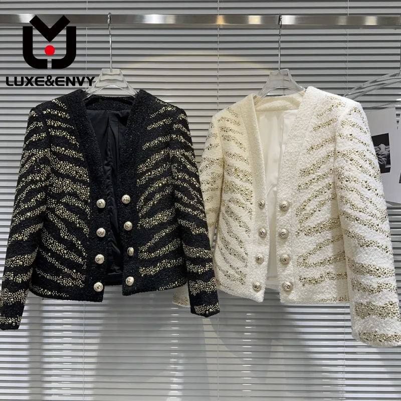 

LUXE&ENVY 2023 Autumn Women Coat New V Neck Long Sleeve Double Breasted Patchwork Metal Rivet Jacket