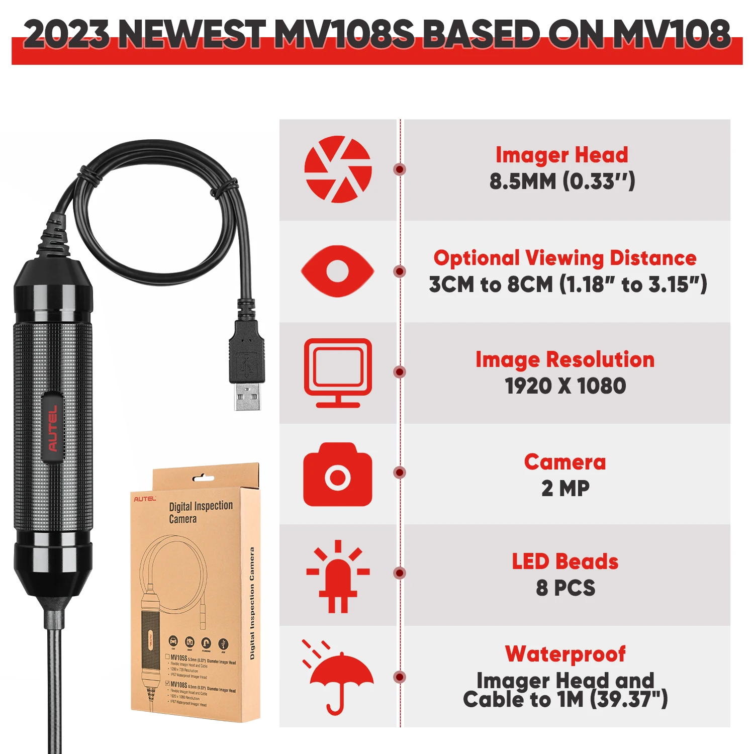 Autel MaxiVideo MV108S HD Digital 8.5mm Inspection Camera For MK808BTPRO MP808BT PRO MaxiSys Tablet And PC Support Video Inspect 6