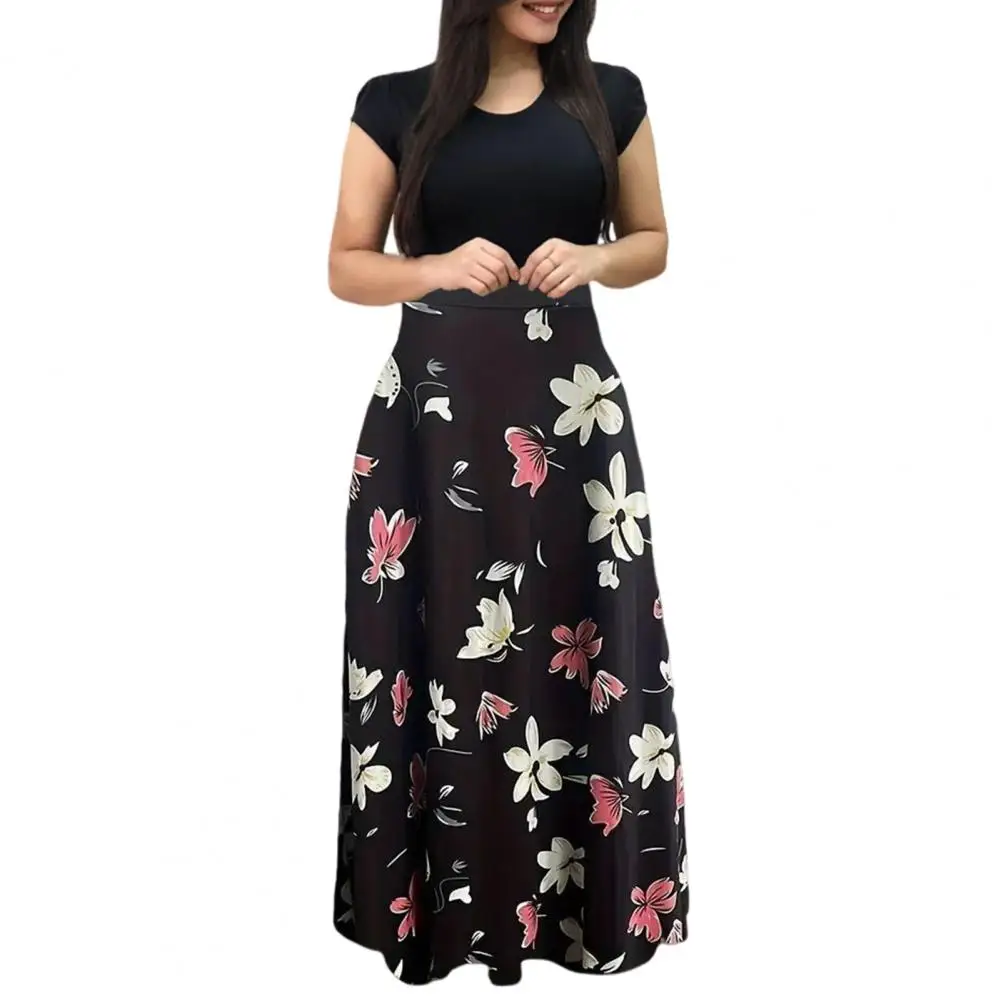 

Summer Maxi Dress Flower Print Short Sleeves Dress A-line High Waist Dating Commute Long Dress