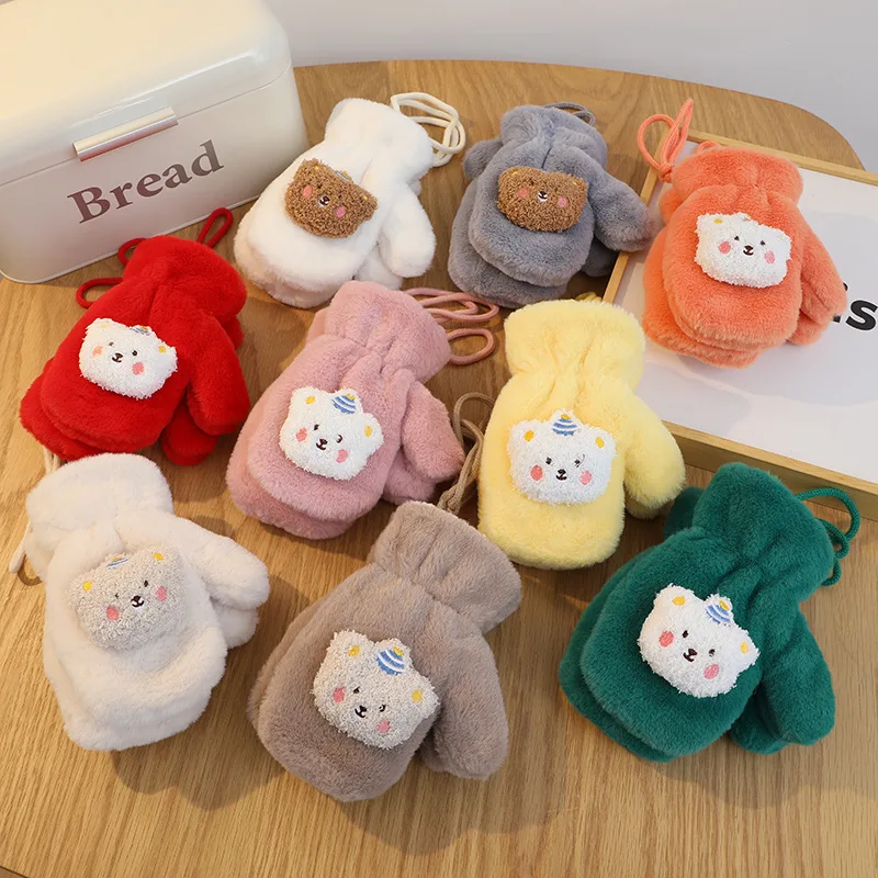 Girls Warm Plush Thick Baby Gloves Winter Plus Coral Fleece Full Finger Gloves Warm Cartoon Gloves for Boys 2-6Y 3