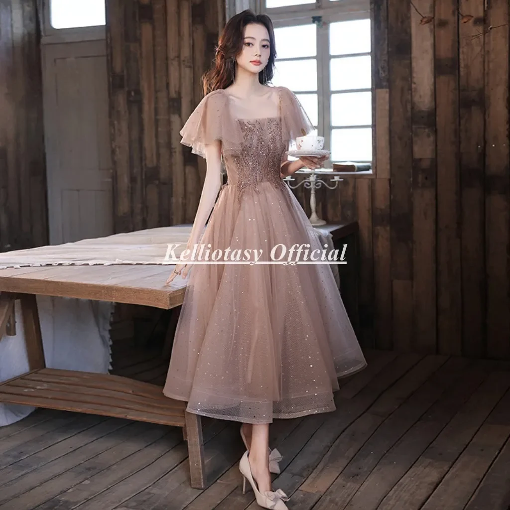 Square Neckline Cocktail Party Dresses With Short Sleeves Tea Length Lace Appliques Woman Dress For Occasions