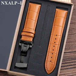 Luxurious Genuine Leather Watch Strap with Elegant Butterfly Clasp and Wooden Gift Box - 22mm (Light Brown - BK)