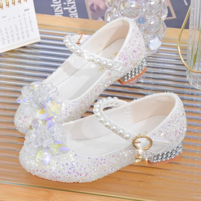 Girls' Princess Shoes Fashion Pearl Rhinestone White Leather Shoes Spring New Children's High Heels Girls' Performance Shoes 1