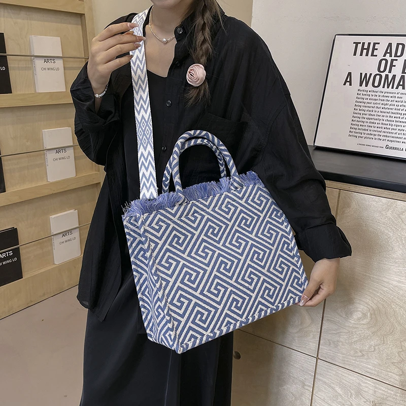 Große Kapazität Strand tasche für Frauen 2024 Mode Jacquard Stickerei Leinwand Umhängetasche Marke Designer Handtasche Einkaufstasche – Detail 4