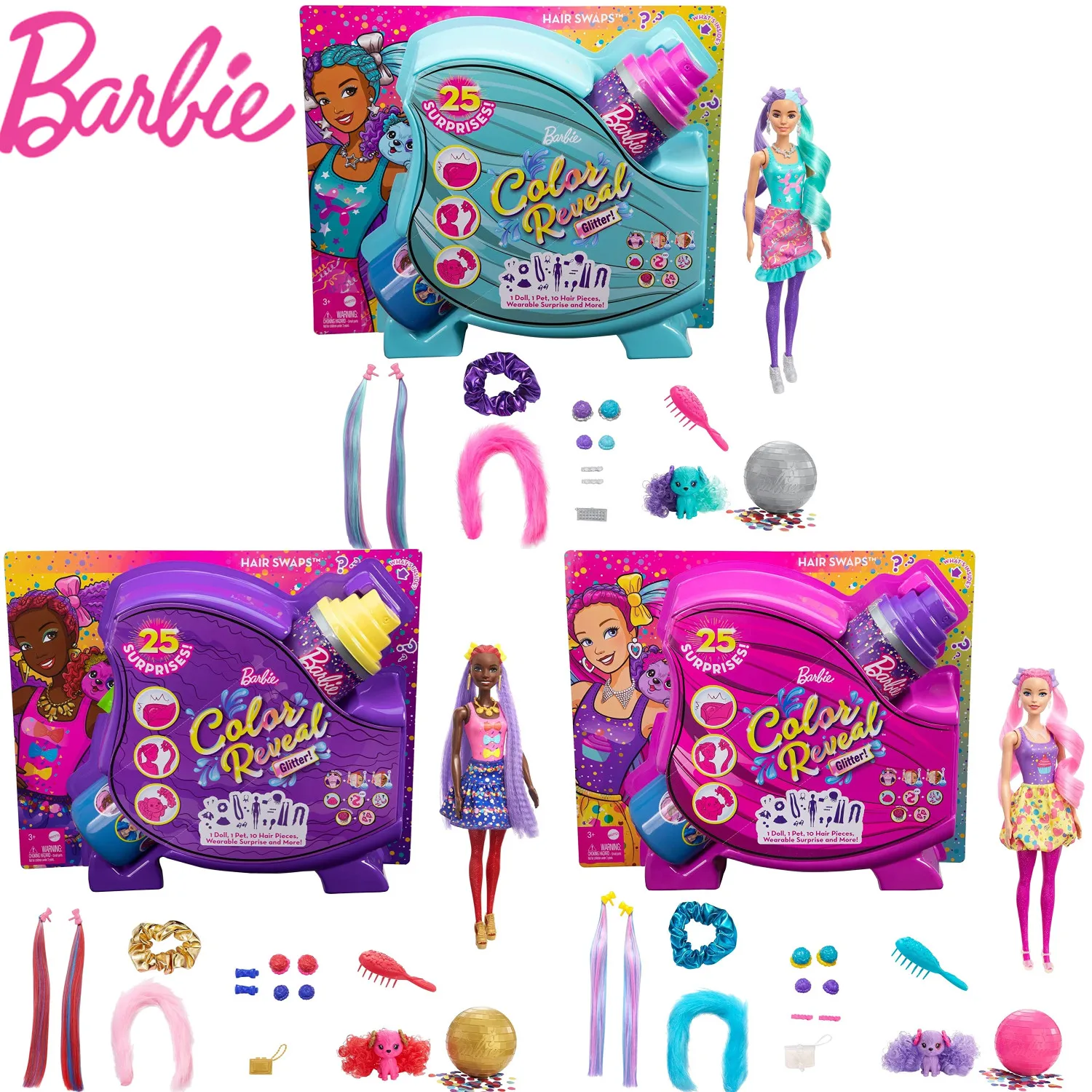 Barbie Color Reveal Glitter! Hair Swaps Doll Hairstyling & Partythemed