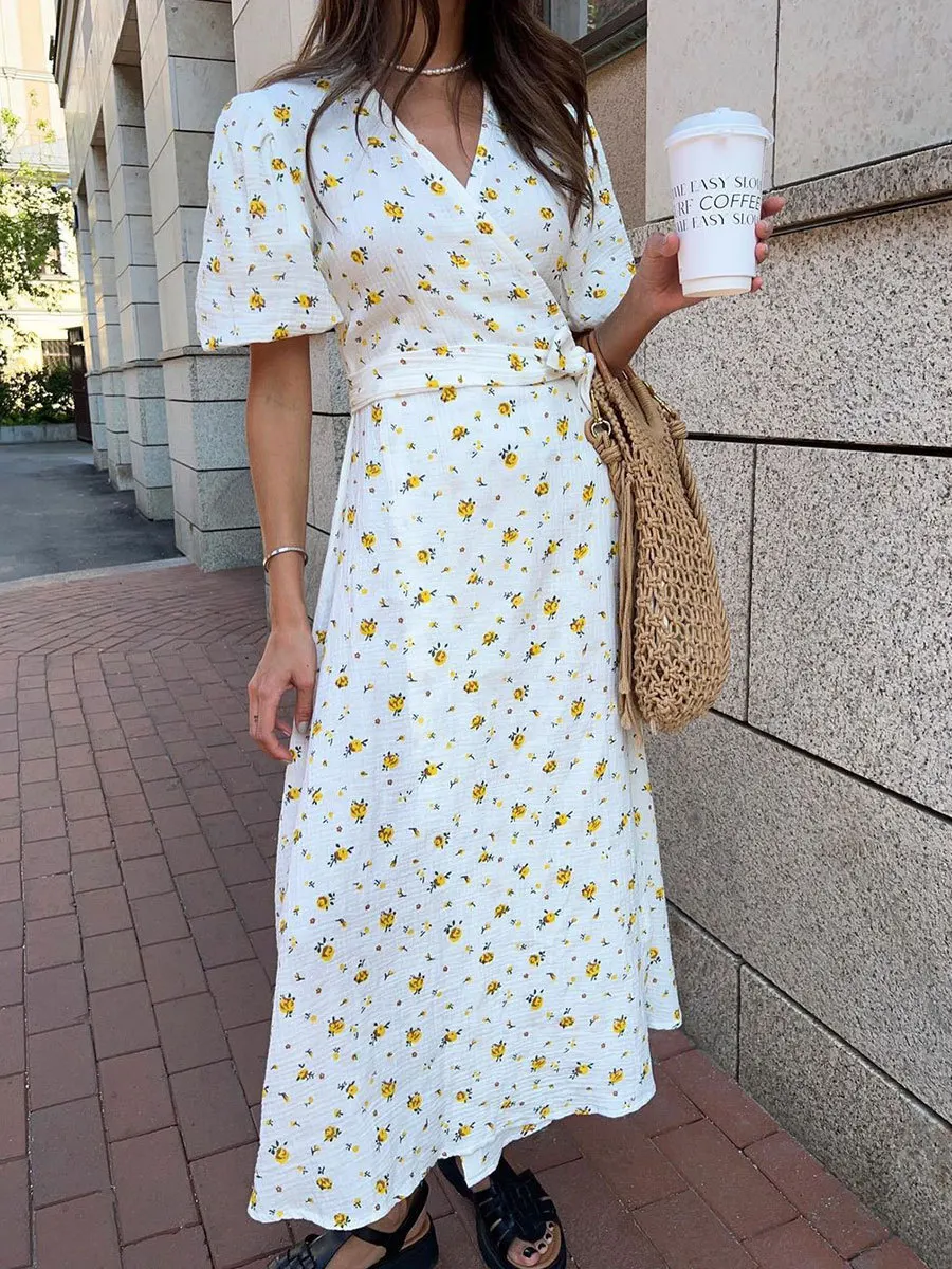 Women's Loose Fit Cotton Blend Maxi Dress with V-Neck & Short Sleeves S57c6c8b8f954404fa97368d644308ce5x