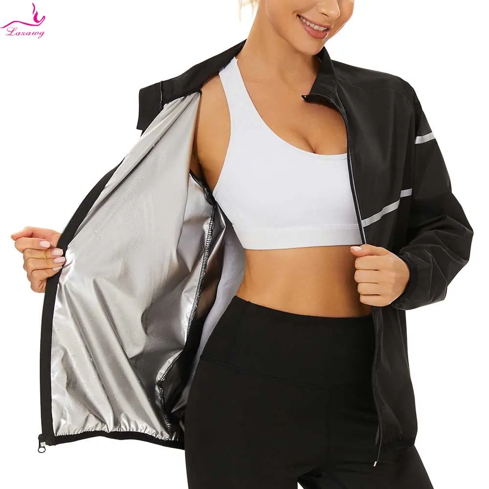 LAZAWG Sauna Jacket for Women Weight Loss Top Hot Sweat Long Sleeves Fitness Body Shaper Thermal Ladies Workout Top Sport Gym
