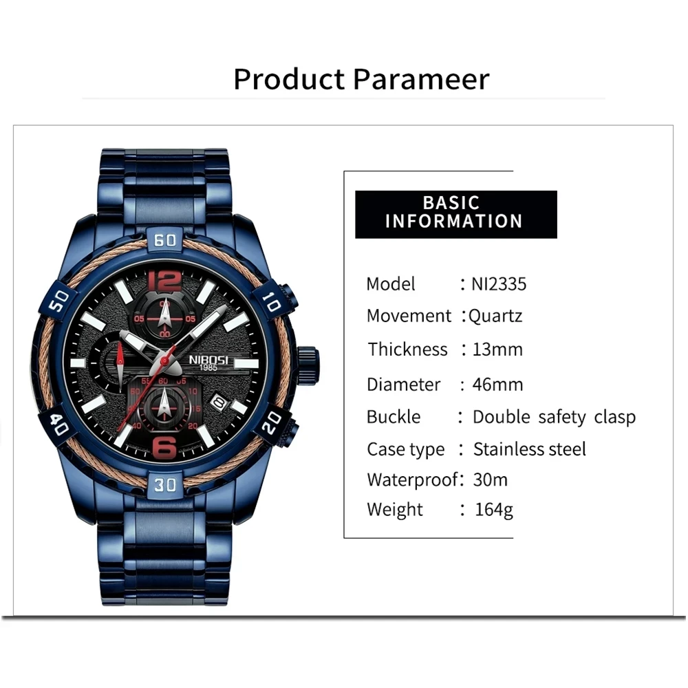 NIBOSI New Mens Watches Top Brand Luxury Chronograph Quartz Watch For Men Stainless Steel Sports Wristwatch Relogio Masculino