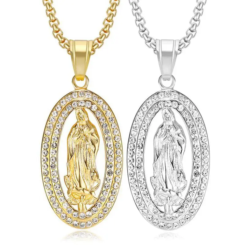 

Ожерелье мужское из нержавеющей стали, украшение в стиле хип-хоп с украшением в виде ледяной Девы Марии, овальное ювелирное изделие в стиле рэпера, цвет золото и серебро