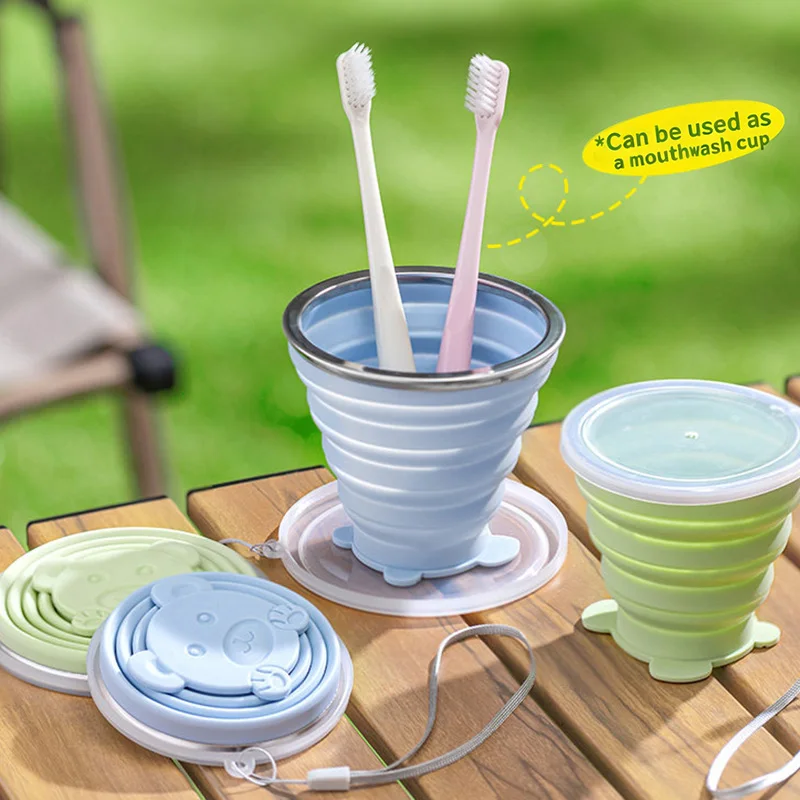 Portable Foldable Silicone Cup For Travel & Business Trips - Mouthwash, Water Bottle With Bear Design_voghion.com