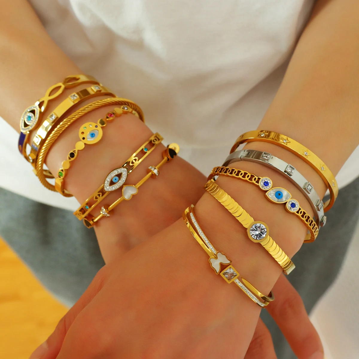 Boho Evil Eye Stainless Steel Bangles Bracelets for Women Vintage Classic Charm Zircon Friendship Accessories bangle bracelet stainless steel bracelet zircon bracelet