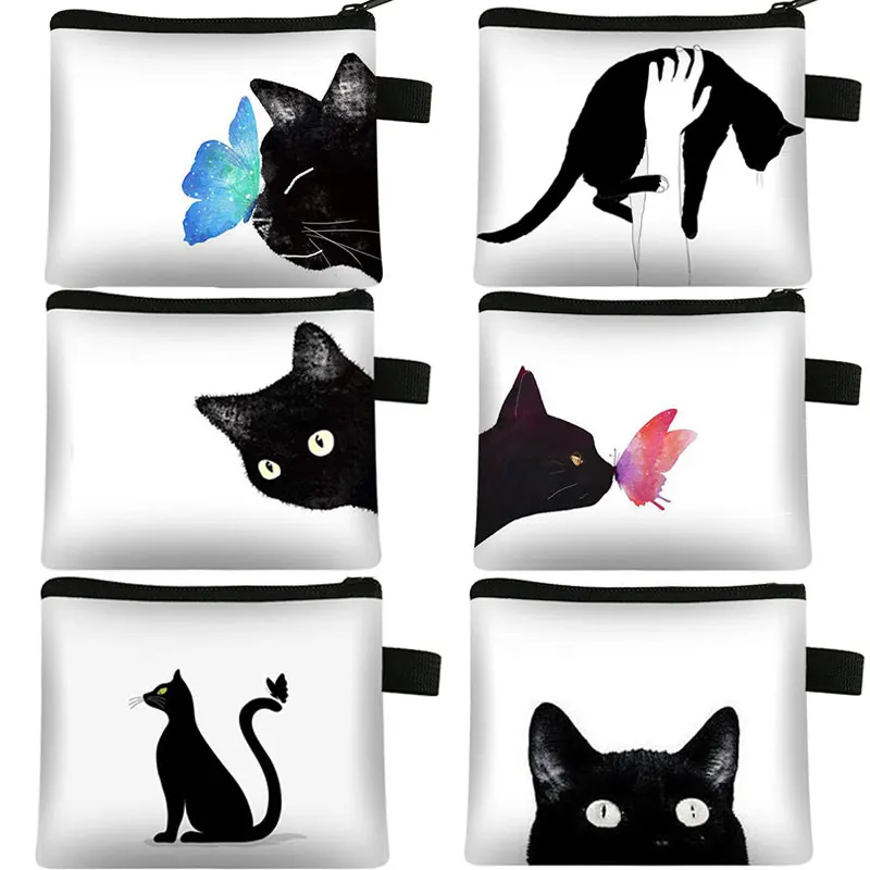 Designer Black Cat Print Mini Wallet - Cute Coin Purse & Portable ID Card Holder