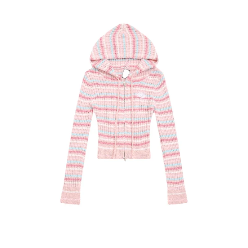 Striped Hooded Sweater Women's Slim Fit Fashionable Retro French Gentle Spring and Autumn Waist-Tight Slimming Sense of Cardigan
