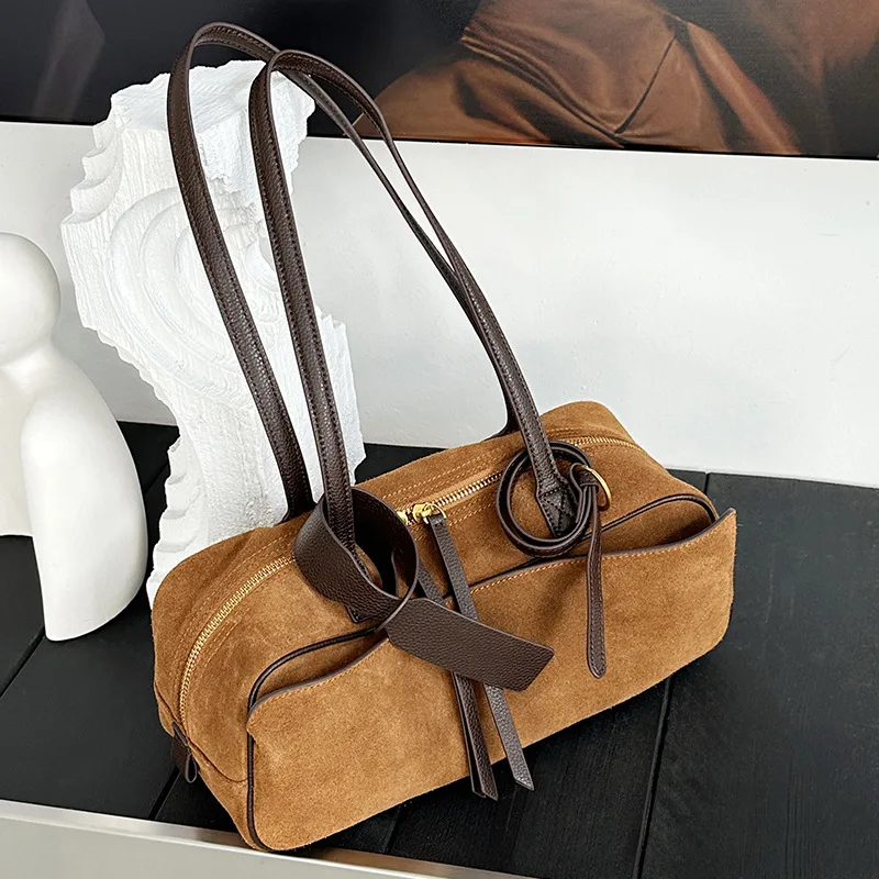 Women's Bowling Tote Bag 2025 New Suede Leather Handbag Top Grain Leather Single Shoulder Underarm Bag Commuting Premium Chic 1
