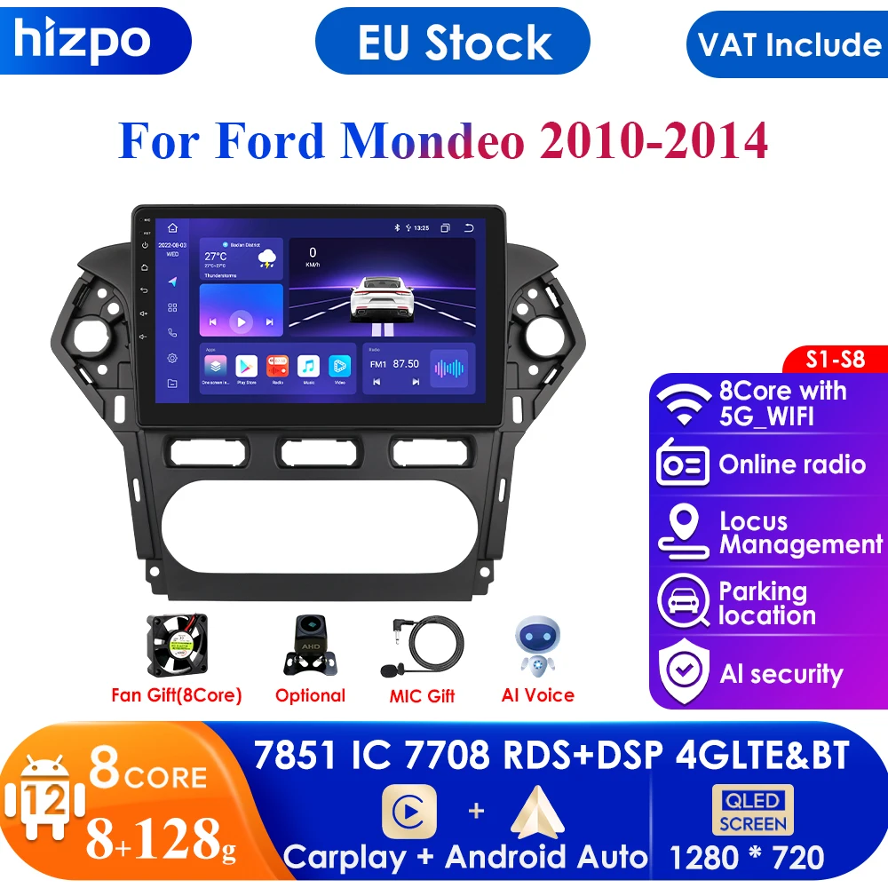 10.1 ''7862 Schermo Qled 2Din Android Autoradio Lettore Video Multimediale Per Ford Mondeo 2010-2014 Gps Nav Carplay Auto 4G Rds Dsp