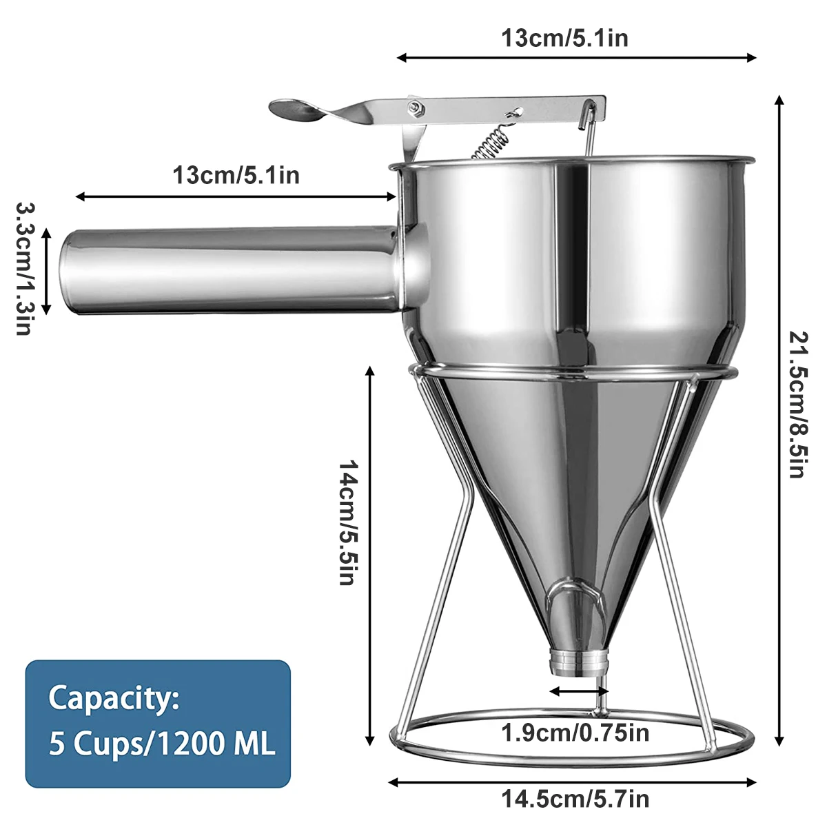 Description Picture 6 of itemPancake Batter Dispenser Multi-Caliber Stainless Steel Funnel Dispenser with Stand Cupcakes Baking Maker Tools Kitchen Gadgets