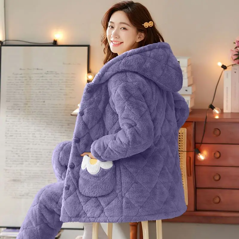 2023 Winter New Women Pajamas Coral Fleece Cotton-Padded Jacket Warm Fleece-Lined Suit Loose Comfortable Suit Home Wear