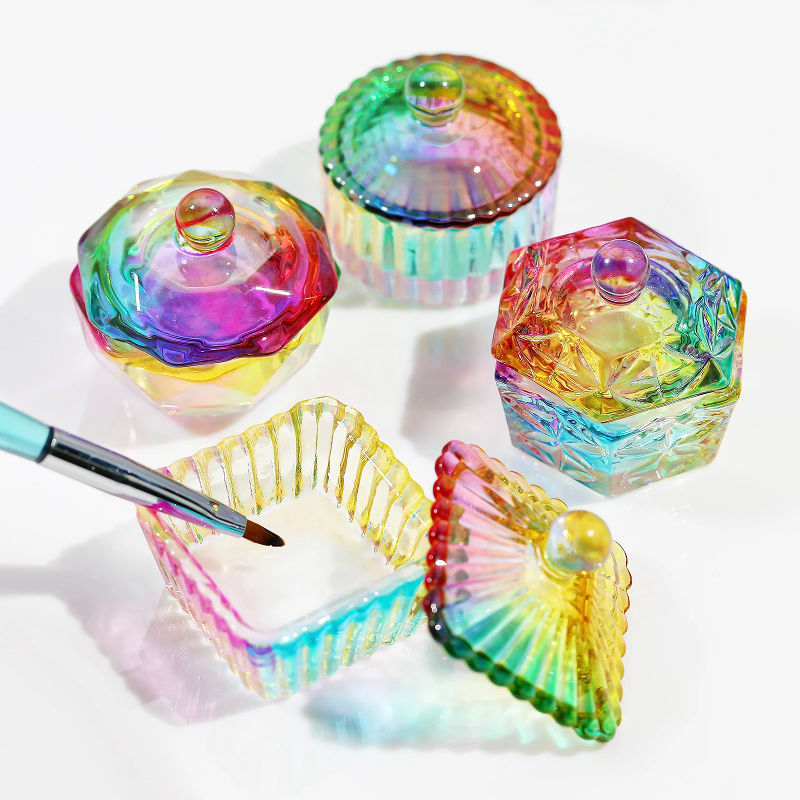 유리 아크릴 파우더 액체 네일 크리스탈 컵 뚜껑 오로라 다채로운 Dappen 그릇 컵 홀더 컨테이너 장비 네일 아트 도구