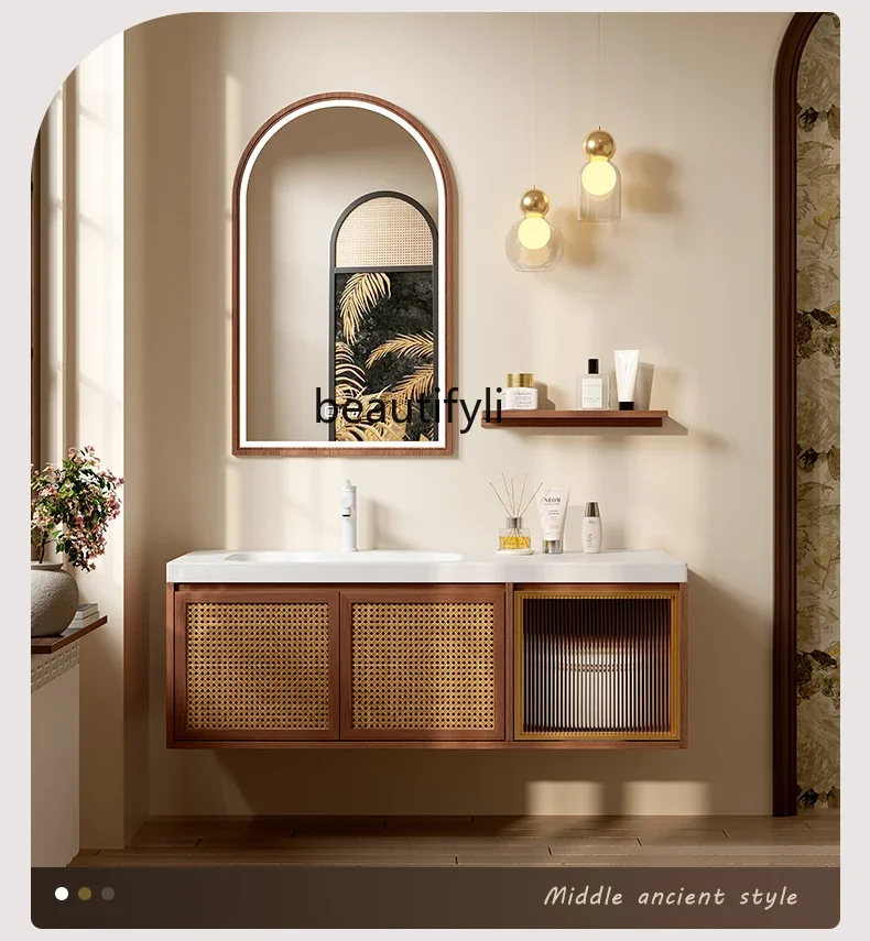

Japanese-Style Sweet Rattan Bathroom Cabinet Combination Log Style Bathroom Table