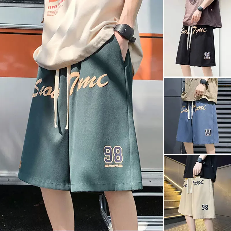 American Style Men Summer Casual Thin Style Motion Trousers High Street Fashion Vintage Letter Printing Loose Drawstring Shorts