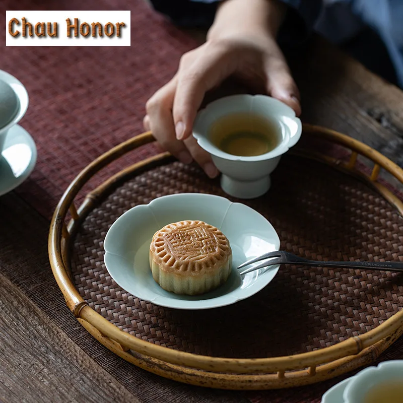 Creative Hutian Kiln Tea Cup Holder Small Cup Pad Cup Holder Trays Green Glaze Ceramic Snack Plate Kung Fu Tea Set Tea Ceremony